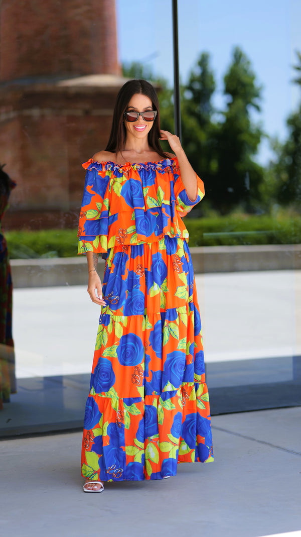Vestido New Flower Green Blue Orange